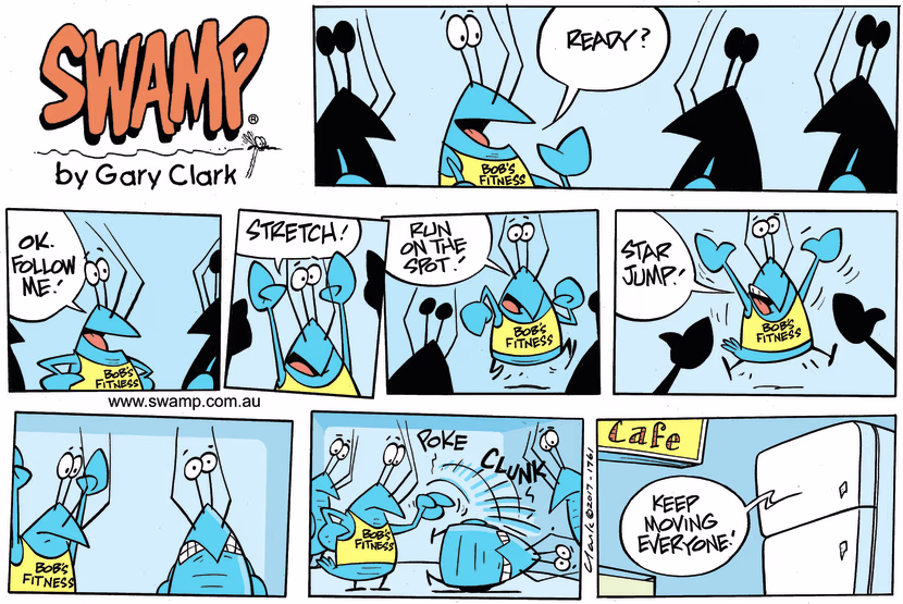 Bob Crayfish is running gym sessions encouraging participants to do star jumps, stretching and running on the spot. Swamp Cartoon - Bob Crayfish FitnessMay 26, 2024